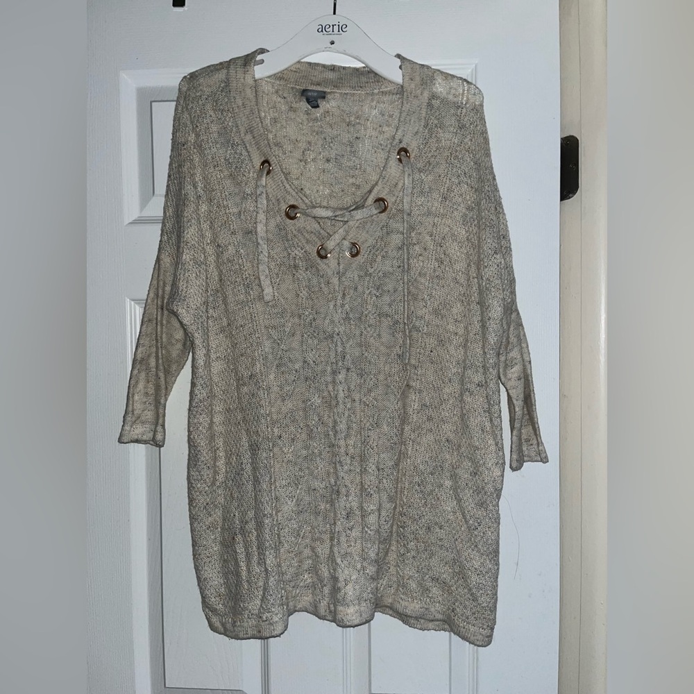 Aerie - Beige Knit Sweater with Lace-Up Detail